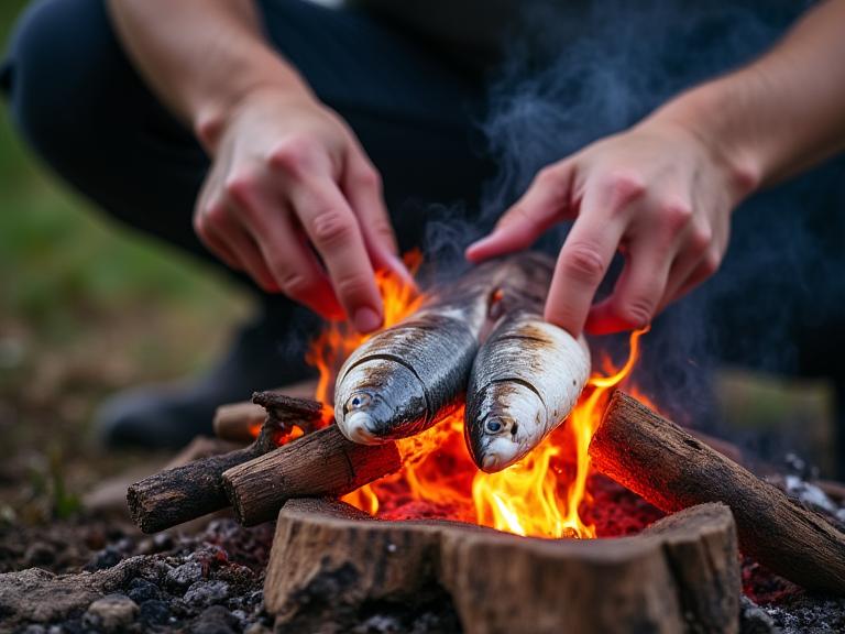 Frischer Fang wird am Lagerfeuer zubereitet