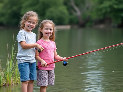 Kinder lernen Angeln am Teich